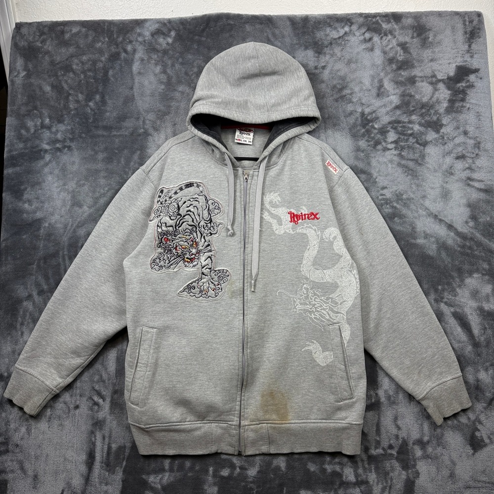 Avirex Hoodie Mens XL Grey Zip Up Tiger Dragon Embroidered Y2K Streetwear Sweat